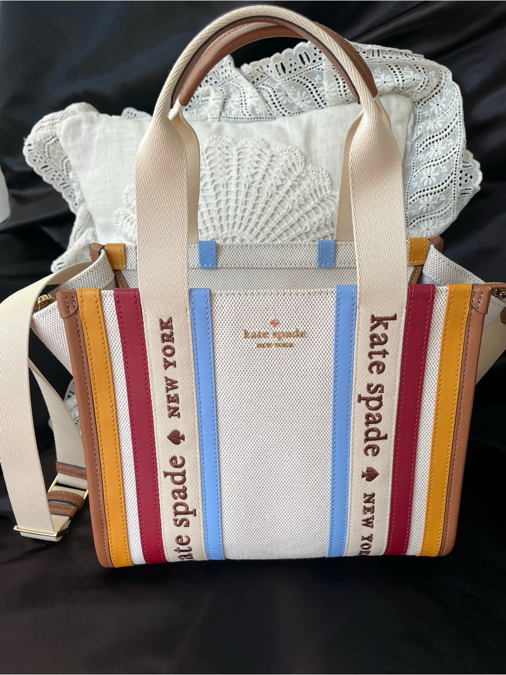 Kate Spade ♠️ Cream Canvas Tote with Blue, Red, Yellow & Brown Stripes